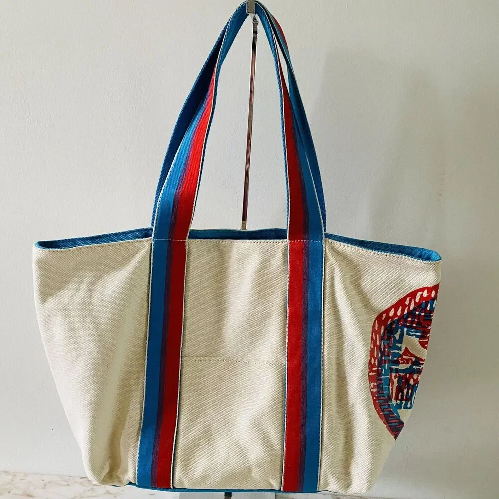 TORY BURCH Ivory Blue Red Color Block Canvas Tote Bag